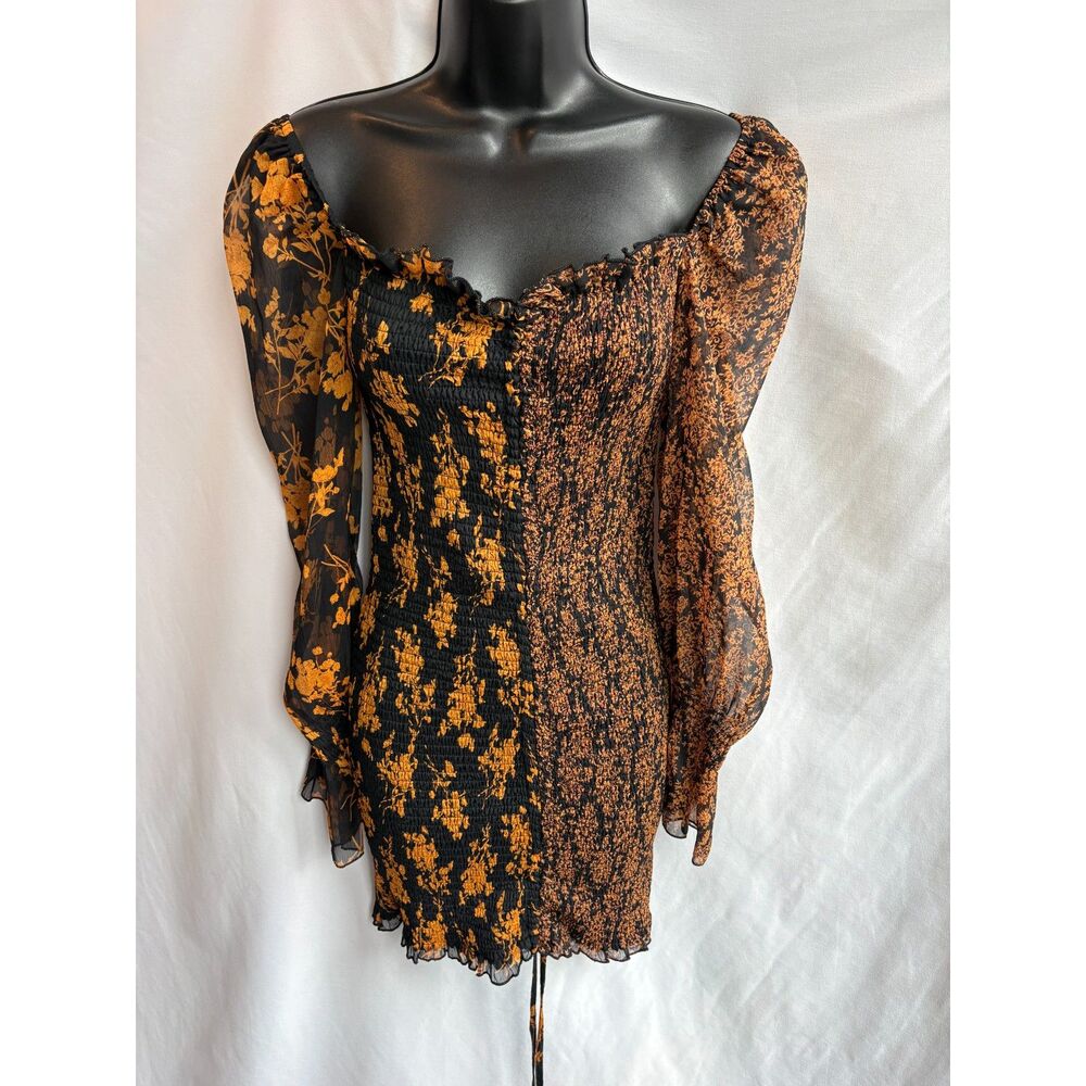 O.Vianca NWT Black Yellow Floral Smocked Size M Long Sleeve Ruffles Romantic